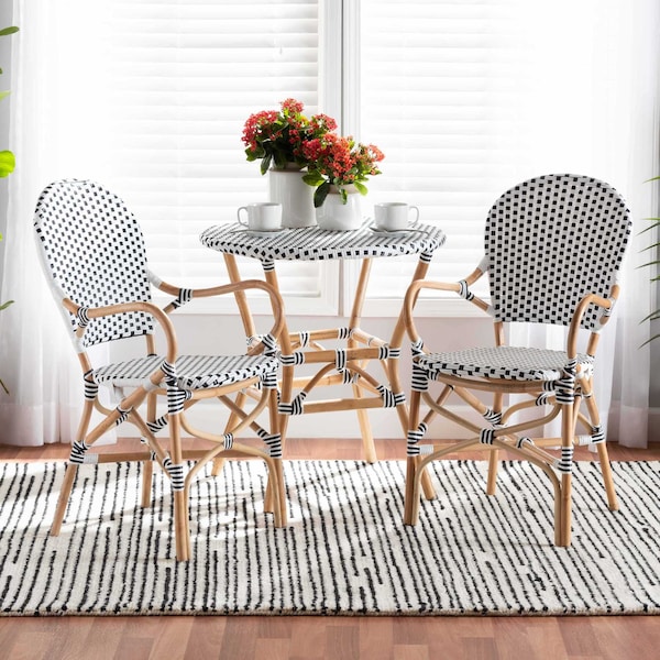 Baxton Studio Naila Classic French Black and White Weaving and Natural Brown Rattan Dining Chair, PK2 210-2PC-12697 - main